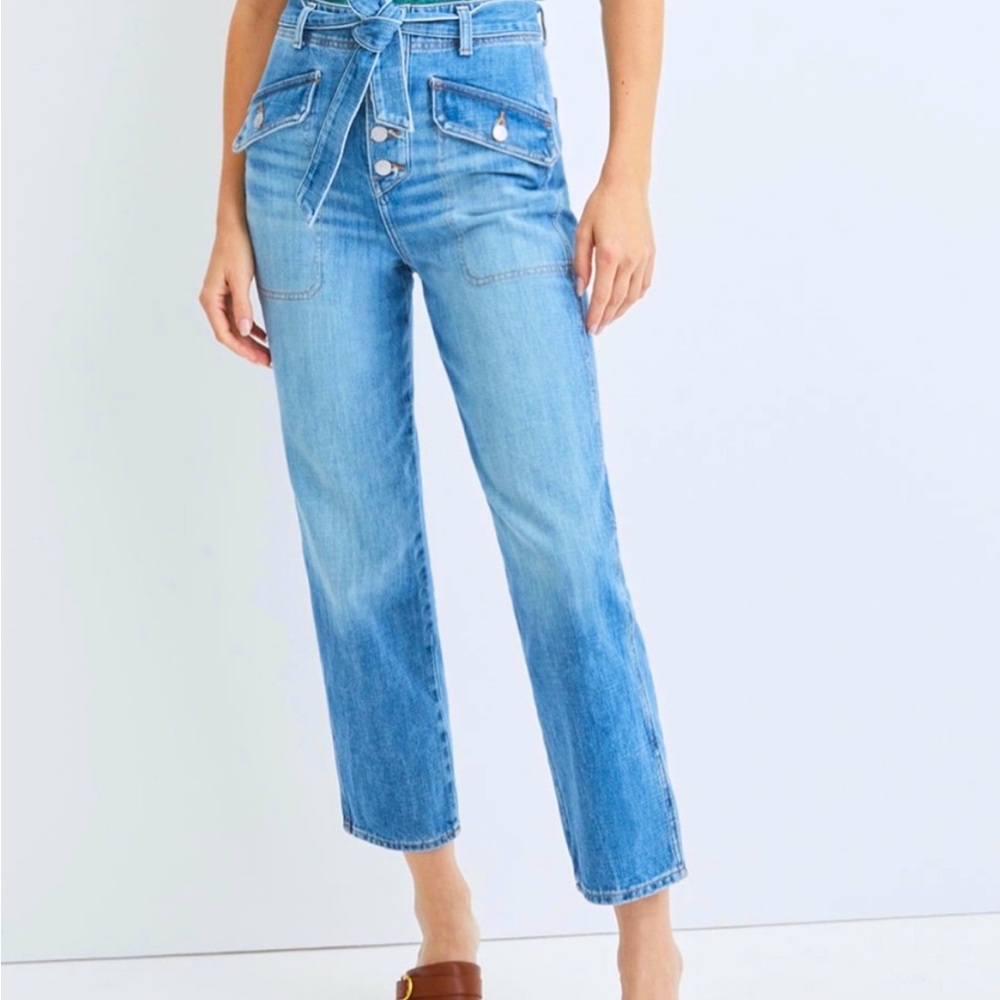 Veronica Beard "Rinley" Light Blue High-Rise Straight Jeans with Tie Waist